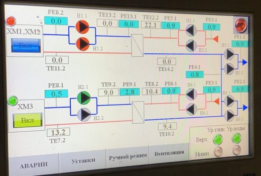 Интерфейс управления холодоцентром на панели оператора
