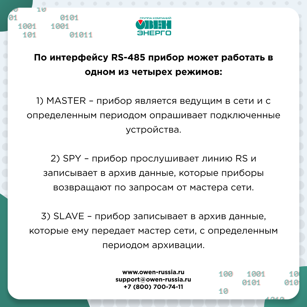 По интерфейсу RS-485 прибор может работать в одном из четырех режимов